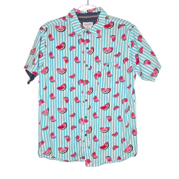Distortion Mens Modern Watermelon Striped Short Sleeve Button Down Shirt SZ LG - Picture 1 of 4